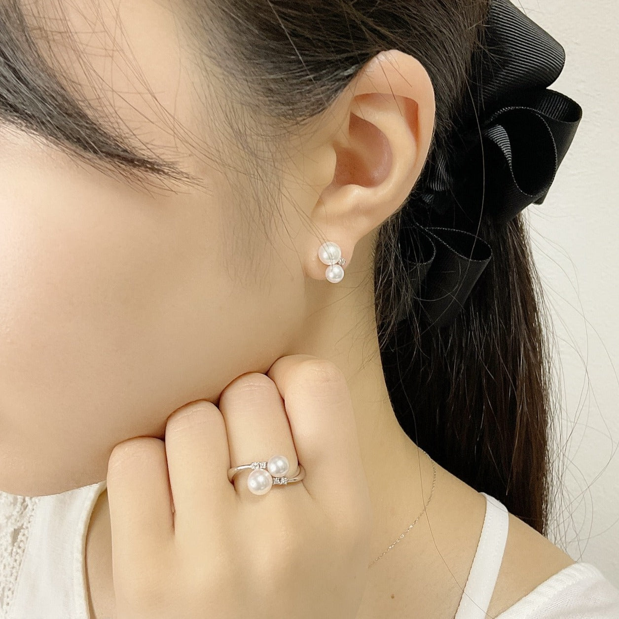 otonaきゅんパール　♡　K18WGあこや真珠ダブルピアス