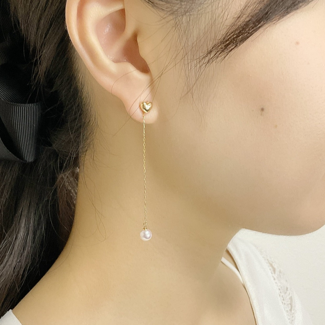 otonaきゅんパール　♡　あこや真珠チャーム付ハートピアス